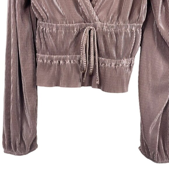 Zara Pleated V Neck Long Sleeve Ribbed Metallic Taupe Top Size Medium - Picture 5 of 12